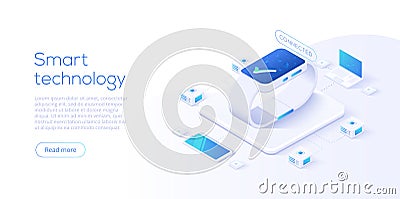 Internet of things layout. IOT online synchronization and connection via smartphone wireless technology. Smart technology concept Vector Illustration