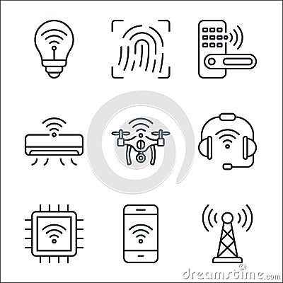 internet of things line icons. linear set. quality vector line set such as antenna, smartphone, chip, headset, camera drone, air Vector Illustration