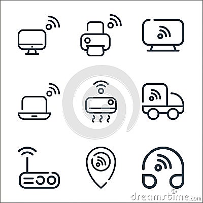 internet of things line icons. linear set. quality vector line set such as headphone, location, router, shipping, air conditioner Vector Illustration