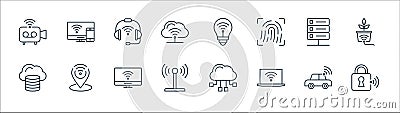 Internet of things line icons. linear set. quality vector line set such as lock, laptop, antenna, cloud database, server, headset Vector Illustration