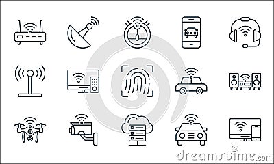 Internet of things line icons. linear set. quality vector line set such as smart tv, cloud server, camera drone, car, cctv camera Vector Illustration