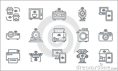 internet of things line icons. linear set. quality vector line set such as smarthome, monitor, printer, robot, drone, projector, Vector Illustration