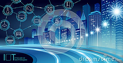 Internet of things low poly smart city 3D wire mesh. Intelligent building automation IOT concept. Modern wireless online Vector Illustration