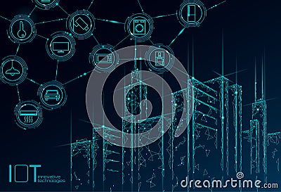 Internet of things low poly smart city 3D wire mesh. Intelligent building automation IOT concept. Modern wireless online Vector Illustration