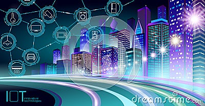 Internet of things low poly smart city 3D wire mesh. Intelligent building automation IOT concept. Modern wireless online Vector Illustration