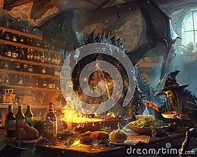 Internet of Things in a medieval setting where witches and dragons interact with smart enchanted objects Stock Photo