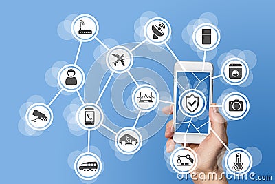 Internet of things security concept illustrated by hand holding modern smart phone with connected sensors in objects Stock Photo