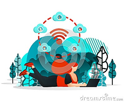 Internet of things to Share. Girl or People Can Work With Friend Anywhere Using Internet and Wifi Network. Flat Cartoon Style. Vec Vector Illustration