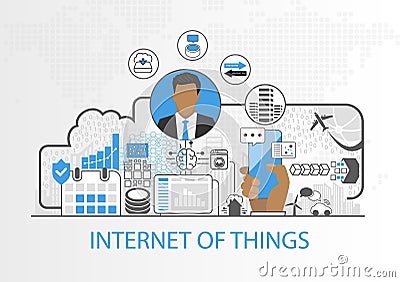 Internet of things vector background with business man and icons of connected devices Vector Illustration