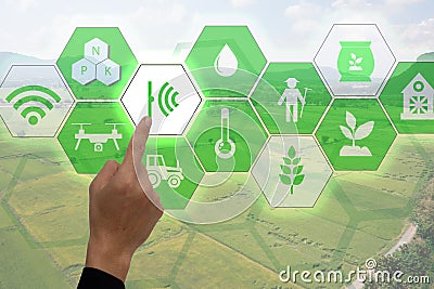 Internet of thingsagriculture concept, smart farming, industrial agriculture. Farmer point hand to use augmented reality technolog Stock Photo