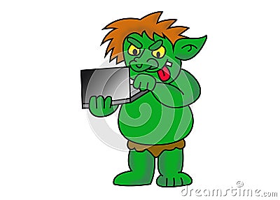 Internet troll. Funny cartoon illustration of green computer hacker. Image isolated on white Cartoon Illustration