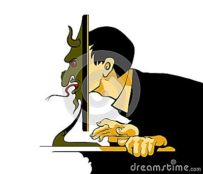 Internet Troll sitting at the computer. Vector Illustration