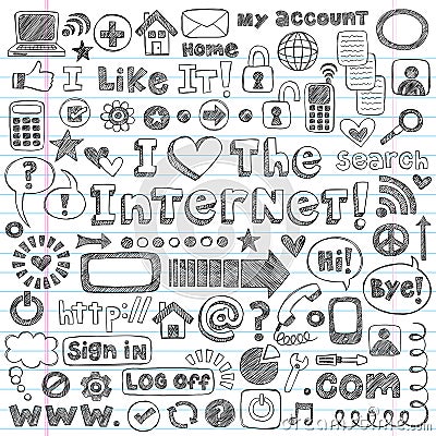 Internet Web Icon Computer Sketchy Doodles Set Vector Illustration