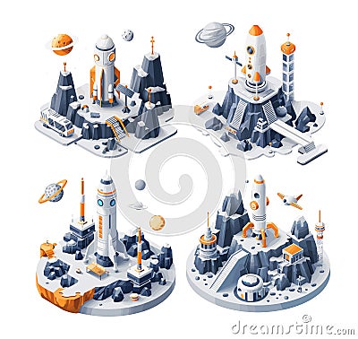 Interplanetary rocket launch isometric vector set. Space base carrier shuttle launch rocks stones asteroid planet Vector Illustration