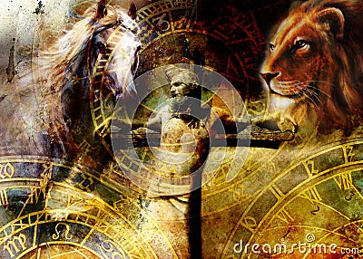 Interpretation of Jesus on the cross and animals and zodiac, graphic painting version. Sepia effect. Stock Photo