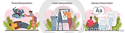 Interpretation set. Data literacy. Information understanding, analysis Vector Illustration