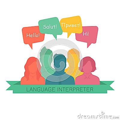 Interpreter with speech bubbles in different languages Vector Illustration