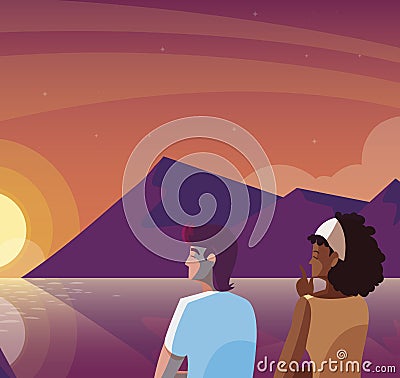 interracial couple contemplating horizon of sky sunset scene Cartoon Illustration