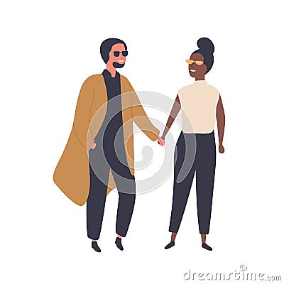 Interracial couple flat vector illustrations set. Modern young pair, girl and boy. Relationship, love, date, family walk Vector Illustration