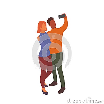 Interracial couple taking selfie together with smartphone Vector Illustration
