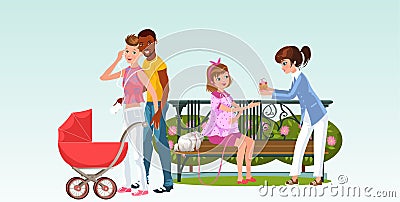 Interracial family with newborn and girls waiting for baby Vector Illustration