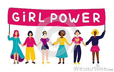 Interracial group of women holding hands Vector Illustration