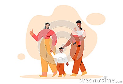 Interracial happy couple with kid. Young parents walk with their sons and express love and care. Wife and Husband Vector Illustration