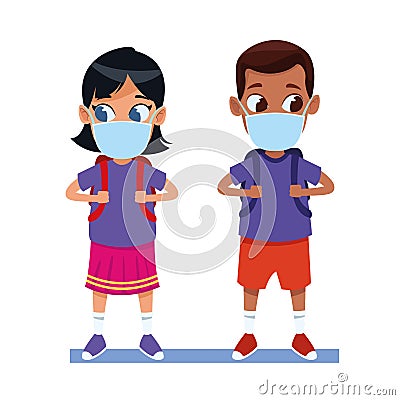 Interracial kids couple using face masks for covid19 Vector Illustration