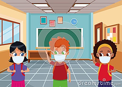 Interracial kids using face masks for covid19 in the classroom Vector Illustration
