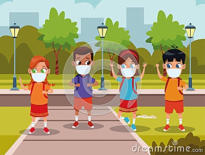 Interracial kids using face masks for covid19 in the park Vector Illustration