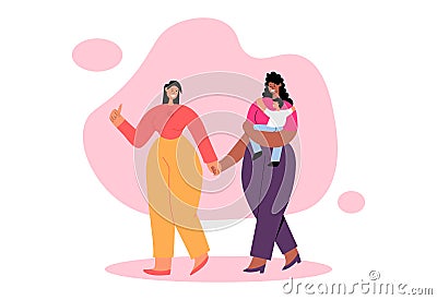 Interracial Lesbian couple with kid. Gay parents walk with their adopted son and express love and care. Wife and wife Vector Illustration