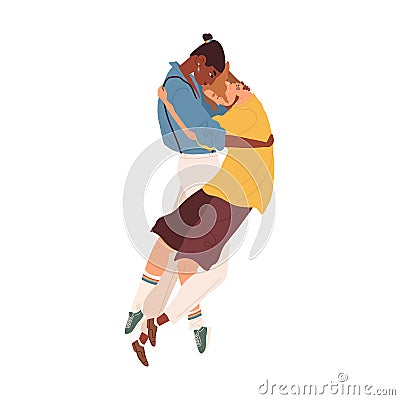 Interracial LGBT couple of young men hugging. Intimacy between gays or homosexual romantic partners. Enamored modern Vector Illustration