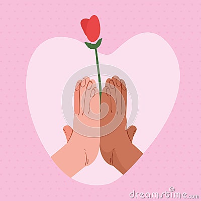 interracial love hands with rose Vector Illustration