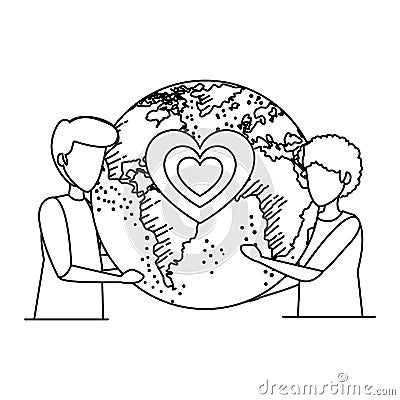 interracial men couple with earth and heart Cartoon Illustration