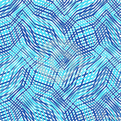 Intersected, interweaved irregular lines, stripes blue grid pattern. Interlocking, weaved curvy and jagged lines, stripes. Tweaked Vector Illustration