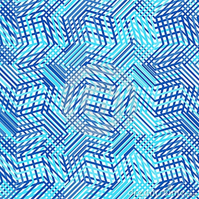 Intersected, interweaved irregular lines, stripes blue grid pattern. Interlocking, weaved curvy and jagged lines, stripes. Tweaked Vector Illustration