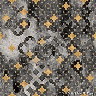 Intersecting circles, golden stars seamless pattern. Watercolor geometric circle background Stock Photo