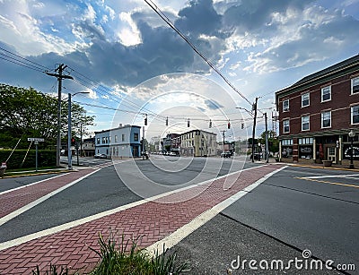 The intersection of Church, Greenwich and Main Streets in Goshen`s Church Park Historic District Editorial Stock Photo