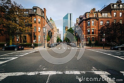 Intersection and historic buildings in Back Bay, Boston, Massachusetts. Editorial Stock Photo