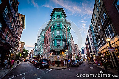 Intersection and historic buildings in the North End of Boston, Editorial Stock Photo