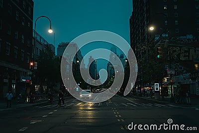 The intersection of 14th Street and 1st Avenue on a foggy evening, East Village, Manhattan, New York Editorial Stock Photo