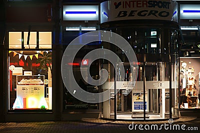Intersport sports shop at night Editorial Stock Photo