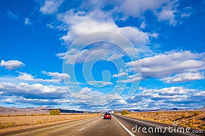 Interstate 15 highway from California to Nevada pass through Mojave desert. Stock Photo