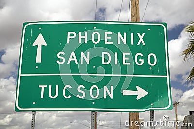 A interstate highway sign in Arizona directing traffic to Tucson, San Diego and Phoenix, AZ Stock Photo