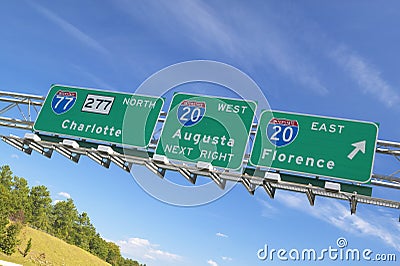 Interstate Highway Signs to Florence and Augusta Georgia at Intersection of Interstate 20 and 77 in Southeast of USA Stock Photo