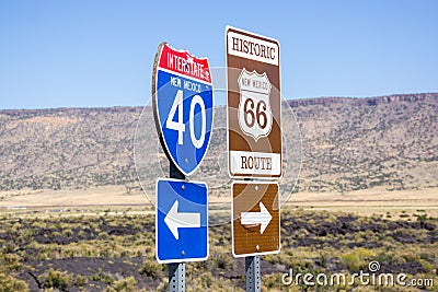 Interstate I40 and Route 66 combined sign New Mexico, USA. Editorial Stock Photo