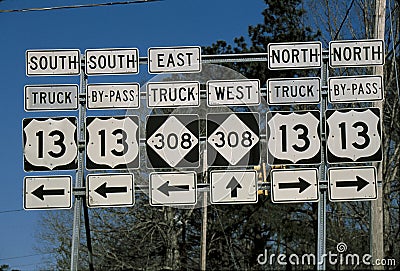 Interstate road signs with directional arrows Stock Photo
