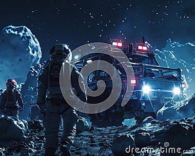 An interstellar ambulance crew car using a health app for triage navigating through a field of comets in deep space Stock Photo