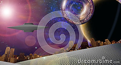 Interstellar city ship near ringed planet Stock Photo