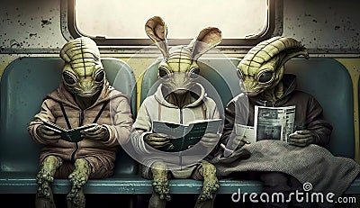 Interstellar Commuters: Anthropomorphic Aliens Engrossed in Beautiful Comic Art on Subway Train Stock Photo